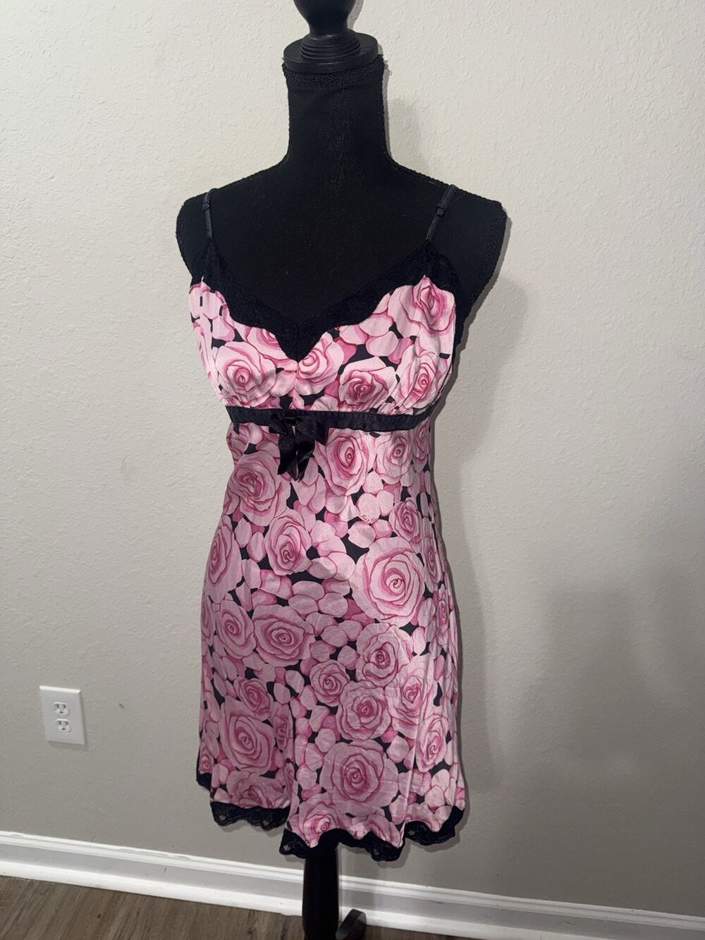 Nick & Nora 100% Silk Pink Rose Print Slip Dress Lace Nightgown Chemise M